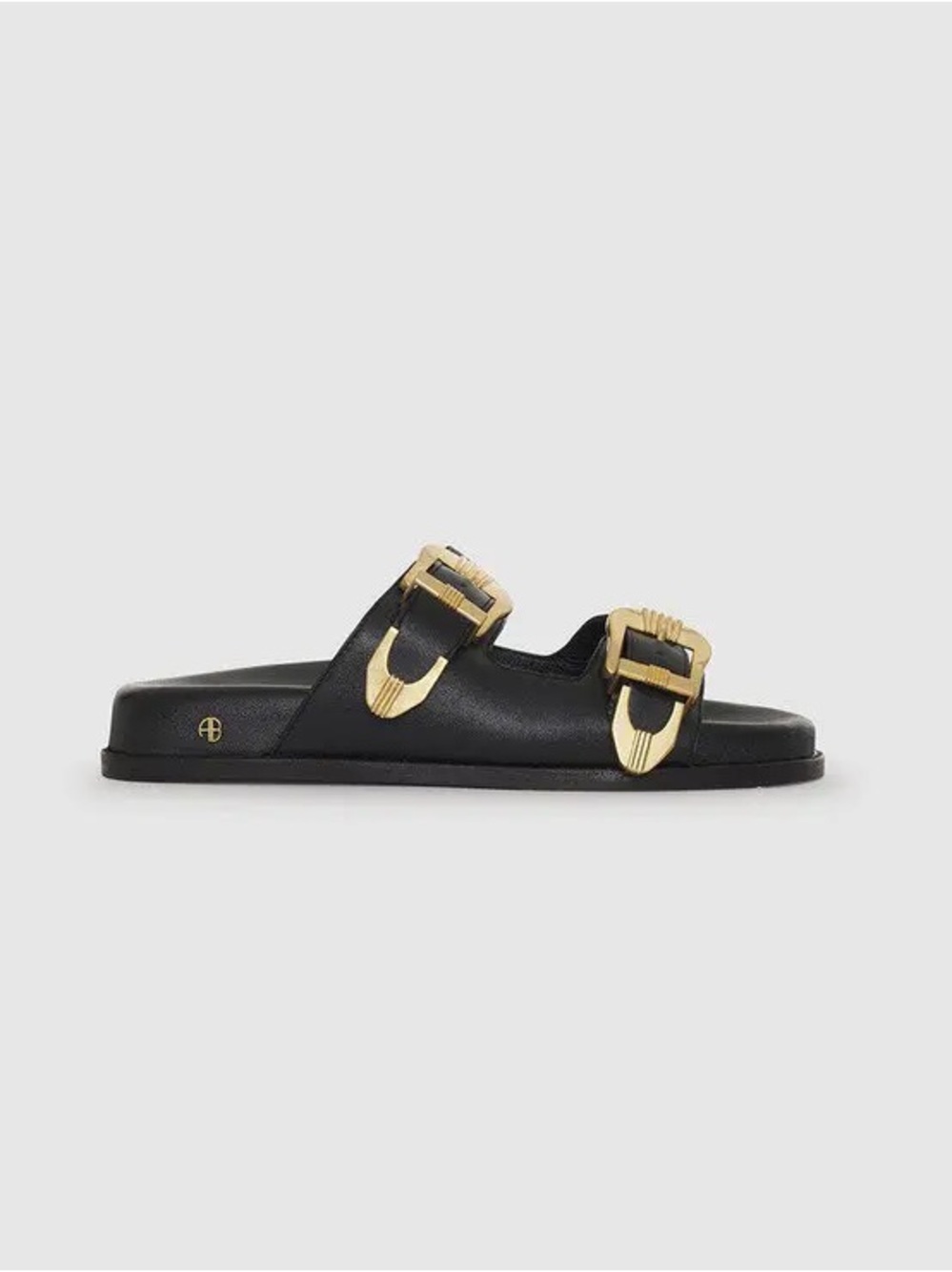 Anine Bing Black Leather Slide Sandals with Gold Buckles - Picture 5 of 16